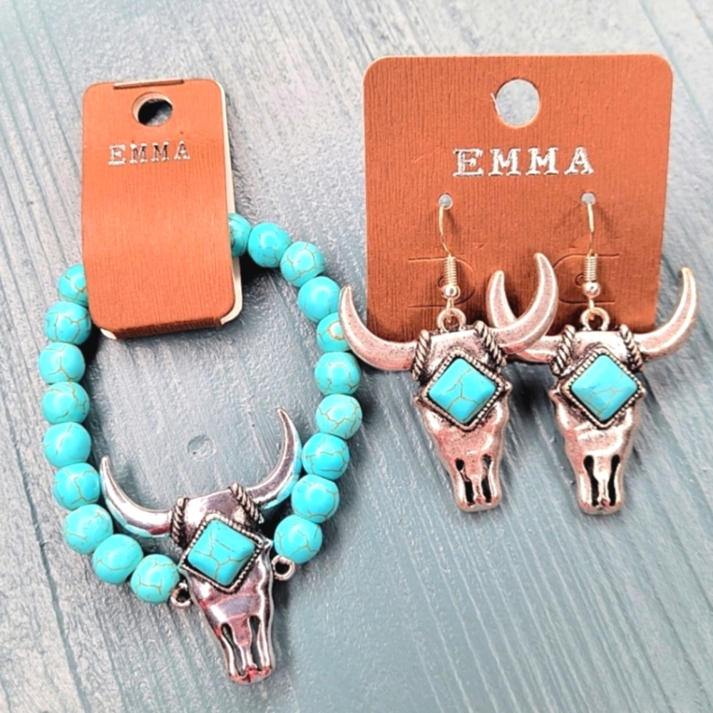 WESTERN STEER SKULL EARRING & BRACELET SET